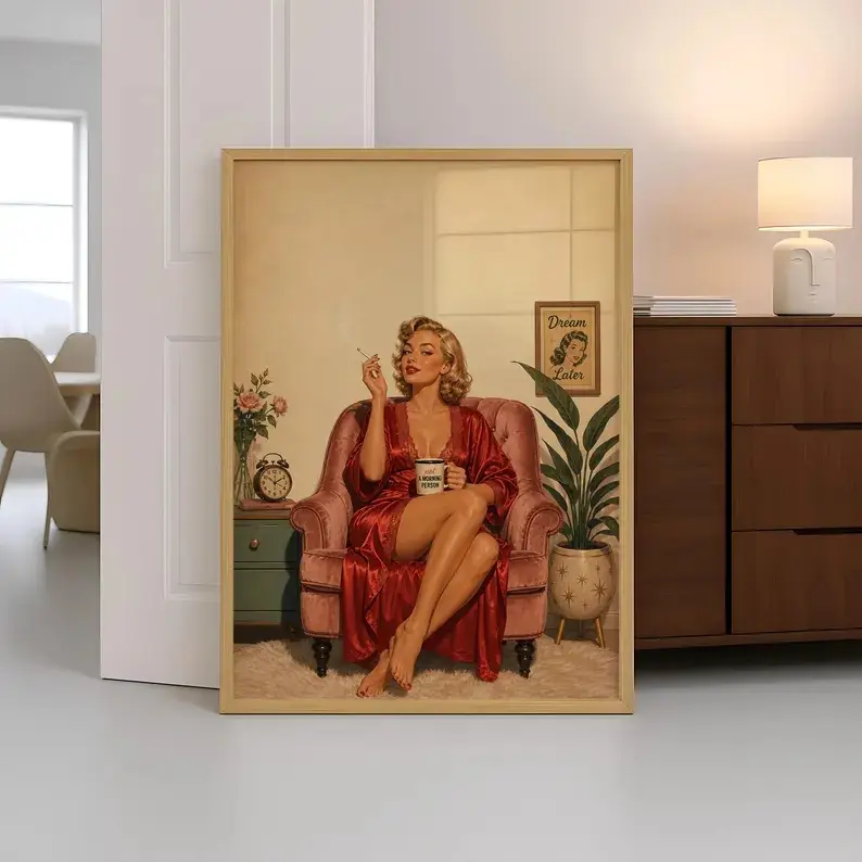 Vintage Pin Up Girl Poster, Retro Woman Wall Art, Sexy Blonde Smoking Print, Mid Century Glam Decor, Retro Fashion Poster (Digital File)