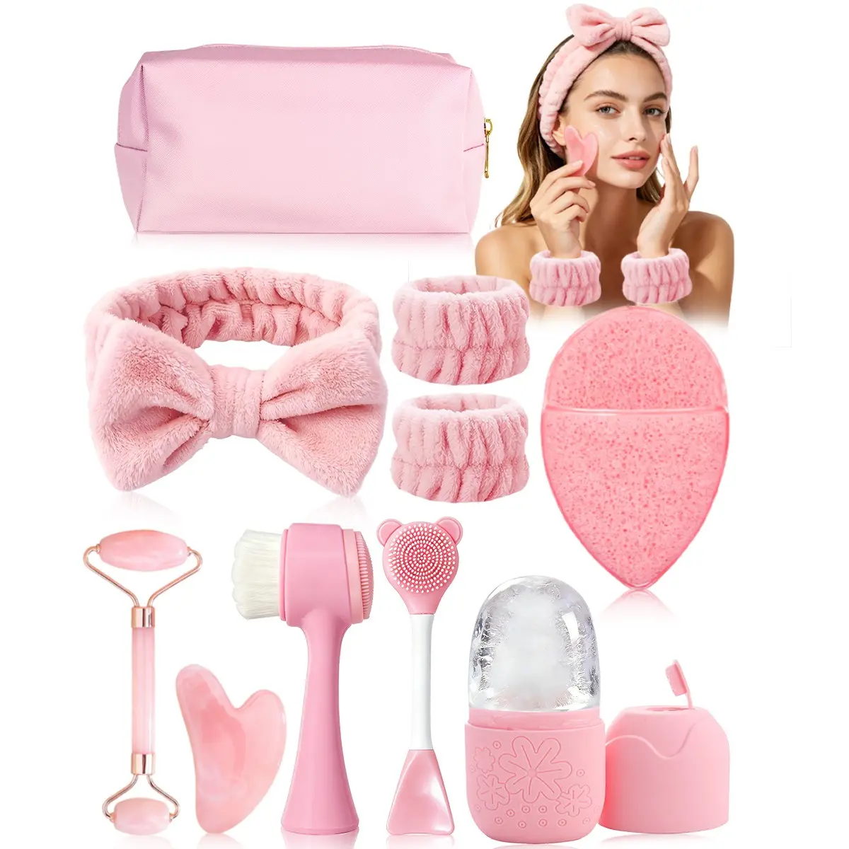 11pcs Women's Skincare Tool Set, Skin Care Tools, Beauty Tools, Face Wash Hairband, Wrist Massager, Ice Pack, Gift for Students, Moms, Sisters, Holiday Present