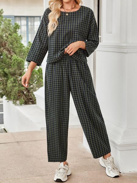 Women's Fall Casual Plaid Print Set, Loose Fit Long Sleeve Top & Elastic Waist Wide Leg Pants Two-Piece for Home Wear, Clothes