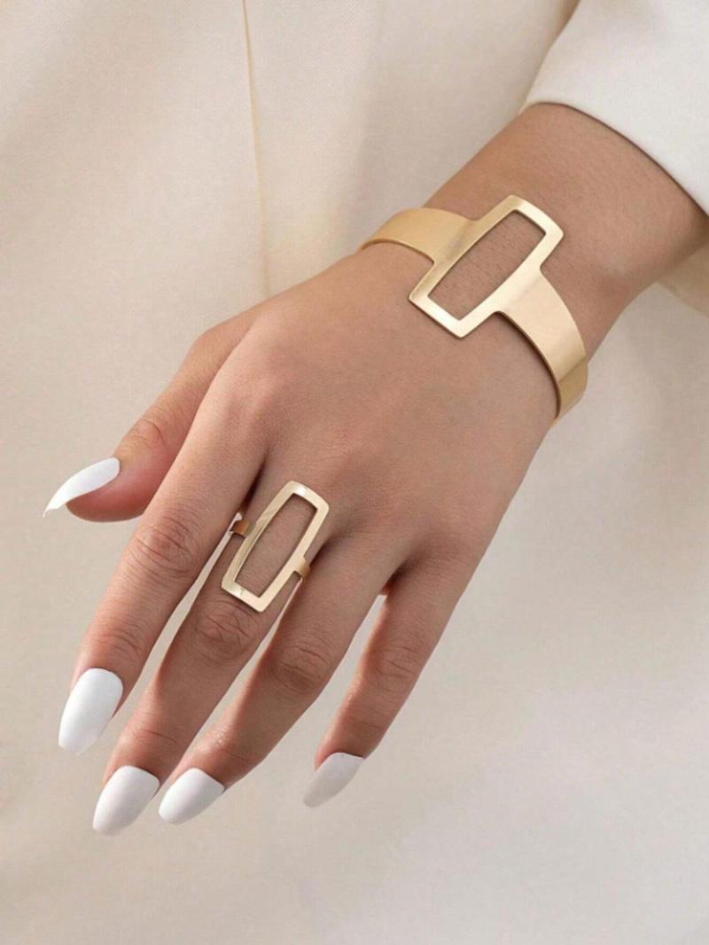 Fashion Simple Geometric Square Design Jewelry Set, Hollow Out Ring & Bracelet, Fashion Jewelry for Party, Daily Clothing Decor, Trendy All-match & Exquisite Jewelry for Birthday Gift, Elegant Jewelry Set