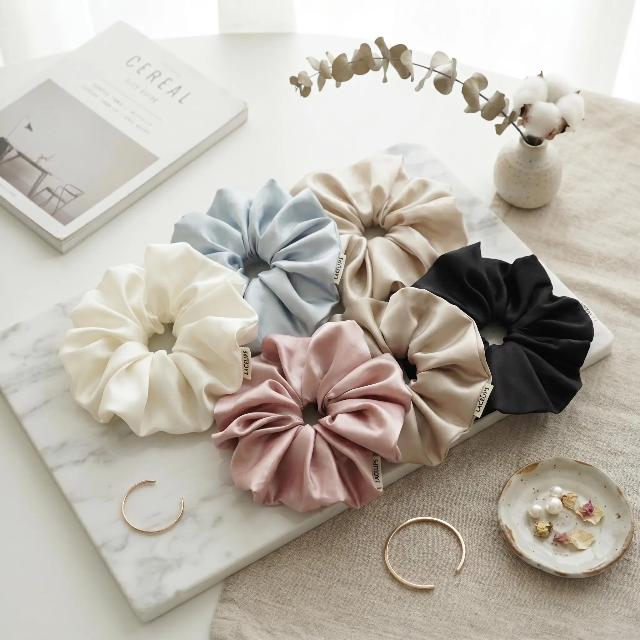 Women's Thick Premium Large Size Plain Satin Hair Scrunchies 6-Piece Set - Soft, Gentle, High Elasticity, Multi-Color (Including Baby Blue) - Durable Hairbands & Scrunchies for Daily Use, Engagement, Office Commute