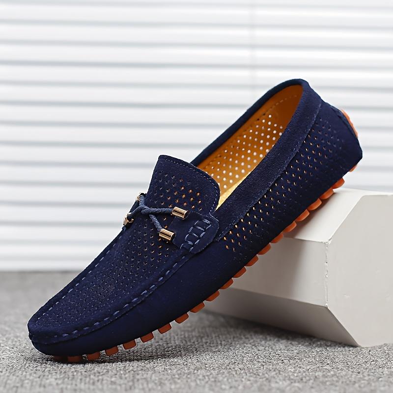 [Navy Blue Loafers] Breathable Men's Navy Blue Slip-On Loafers |         Casual Summer Driving Shoes, Large Size, Contrast Stitching |         Ventilated Comfort, Perforated Design & Brown Accents