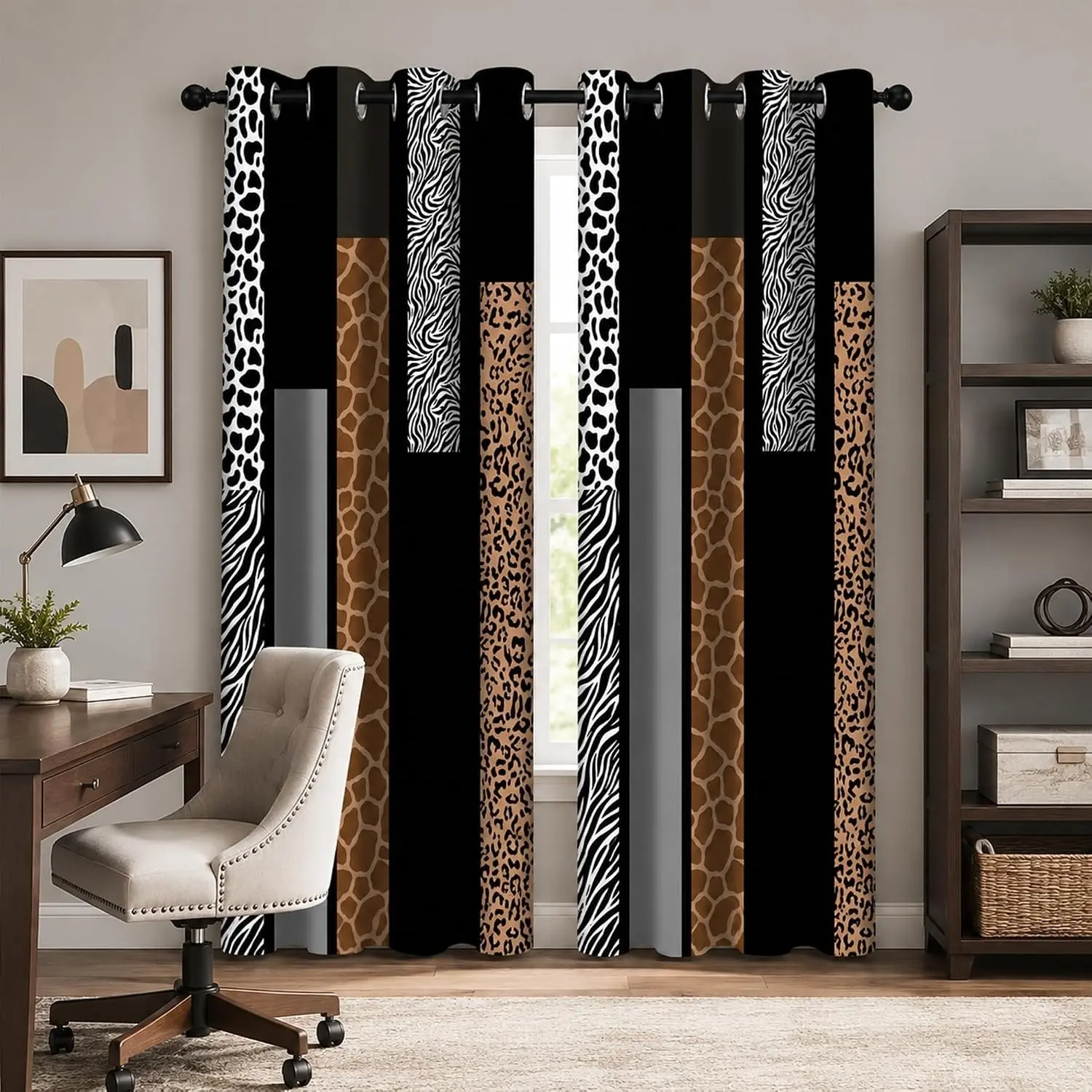 2 Piece Leopard Print Semi-Sheer Curtains, Patchwork, Ideal for Living Room and Bedroom Decor, Effective Light Blocking