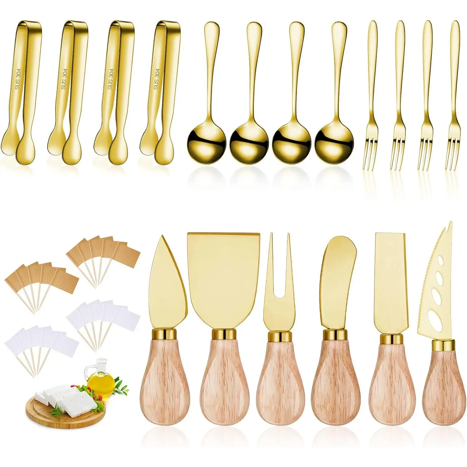 Charcuterie Board Accessories Spreader  Set Cheese Butter Spreader  Charcuterie Utensils with Wooden Handles Mini Serving Tongs Spoons Forks for party Wedding Christmas (, 18 count)
