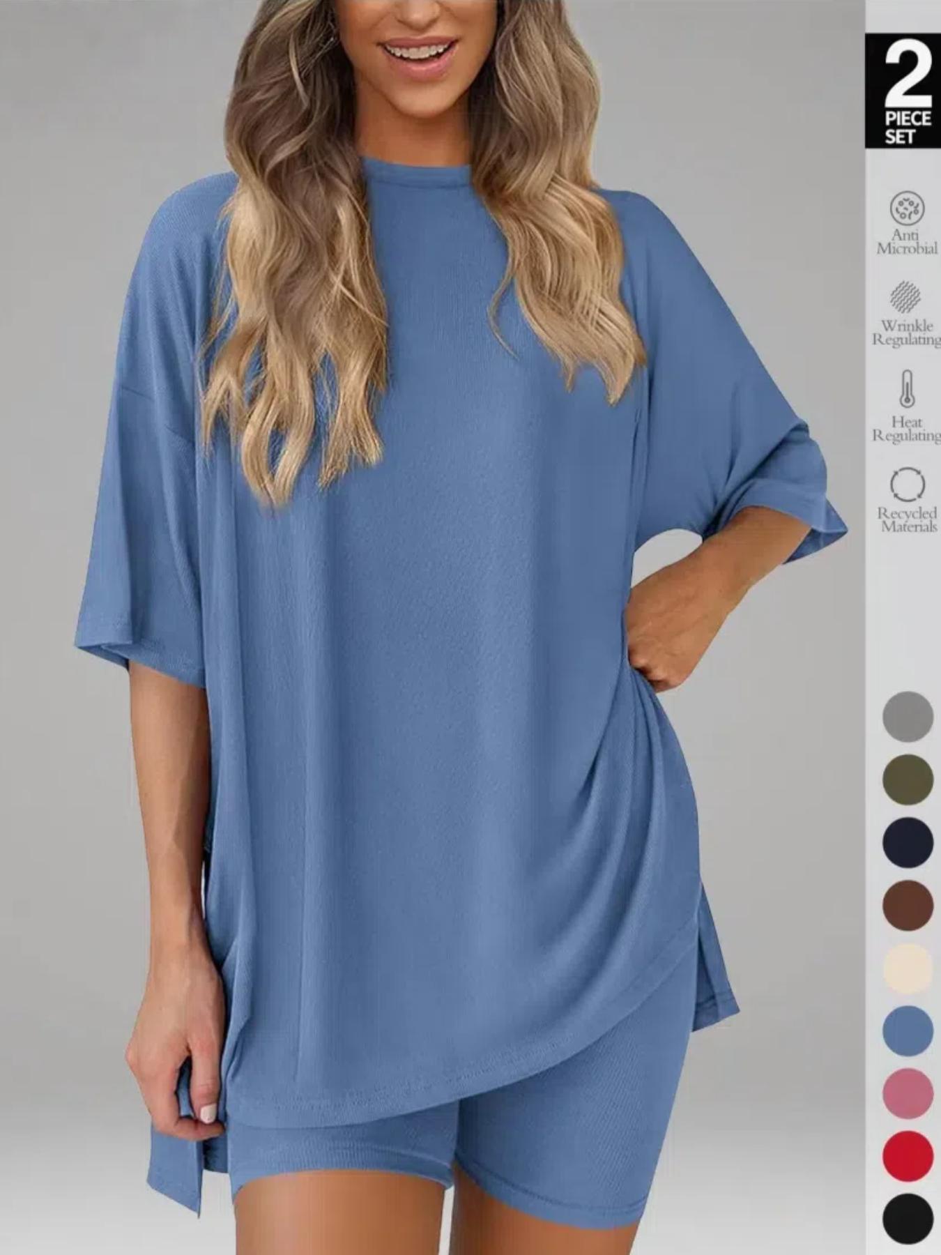 Women's Solid Color T-Shirt and Tight Shorts Loungewear Set, Casual Comfortable Round Neck Sleepwear for Summer, Features Pockets and Suitable for Outdoor Wear