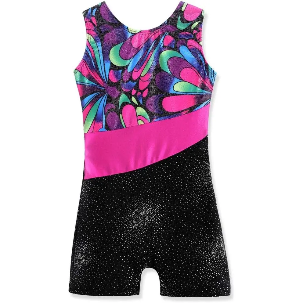 Leotards for Girls Gymnastics with Shorts Sparkle Butterfly Flowers Pattern Sleeveless Biketards Hotpink Black