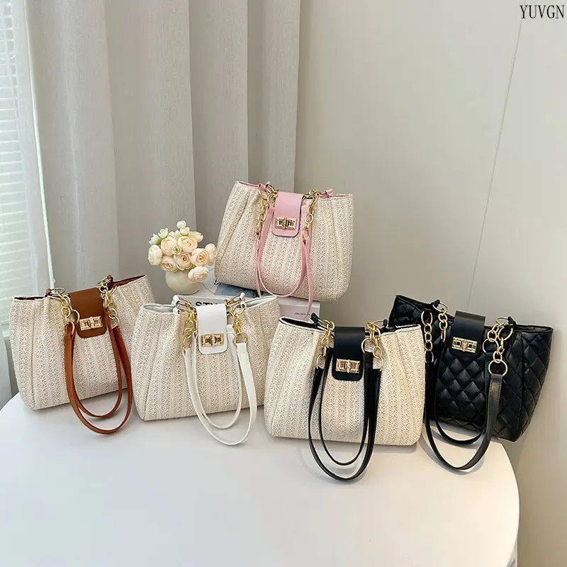 Large-Capacity Woven Texture Bucket Tote Shoulder Bag - Diamond Quilted Chain Strap Handbag with Metal Turn Lock Closure for Work & Shopping (Gym & Outdoor Accessories)