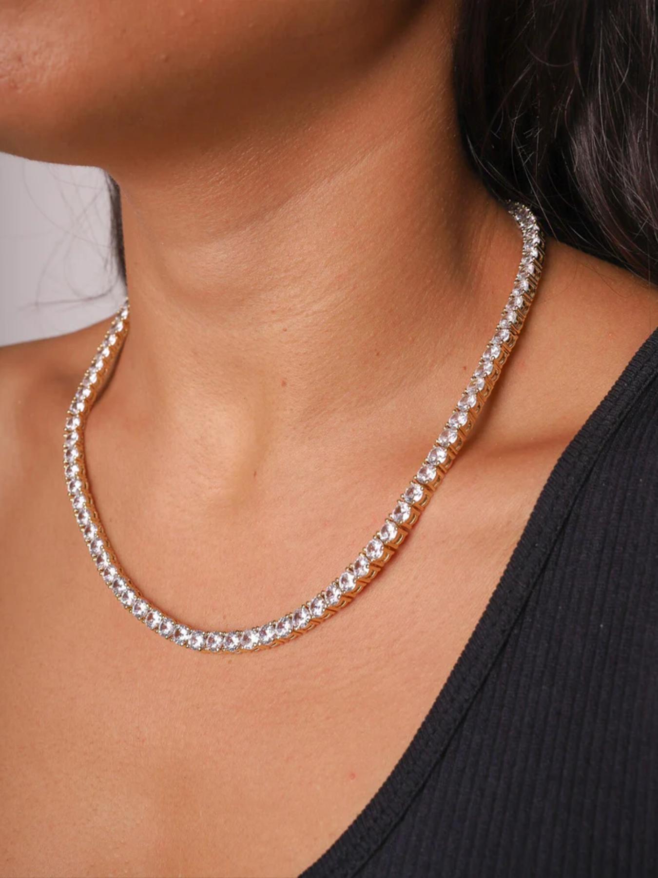 Rhinestone Decorated Tennis Chain Necklace, Hip Hop Necklace for Party, Daily Clothing Decor, Elegant Rhinestone Necklace, Trendy All-match & Exquisite Jewelry for Birthday Gift, Cuban Link Chain