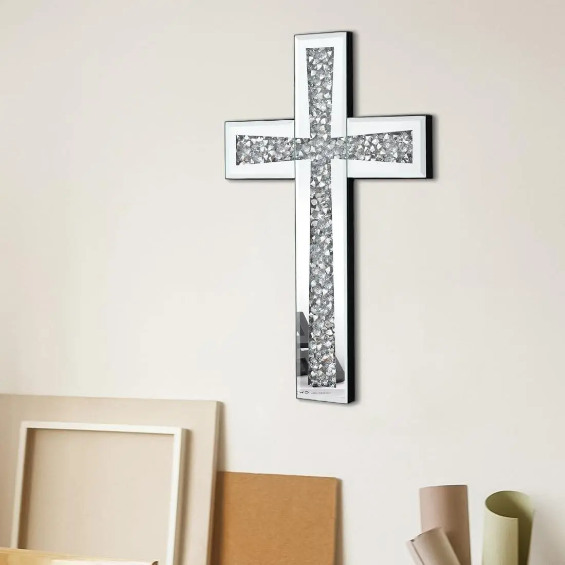 Silver Color Mirror Wall Cross 38 X 25.5 Cm, Crystal Rhinestone Cross for Walls, Living Room, Bedroom, Religious Wall Art, Home Decor
