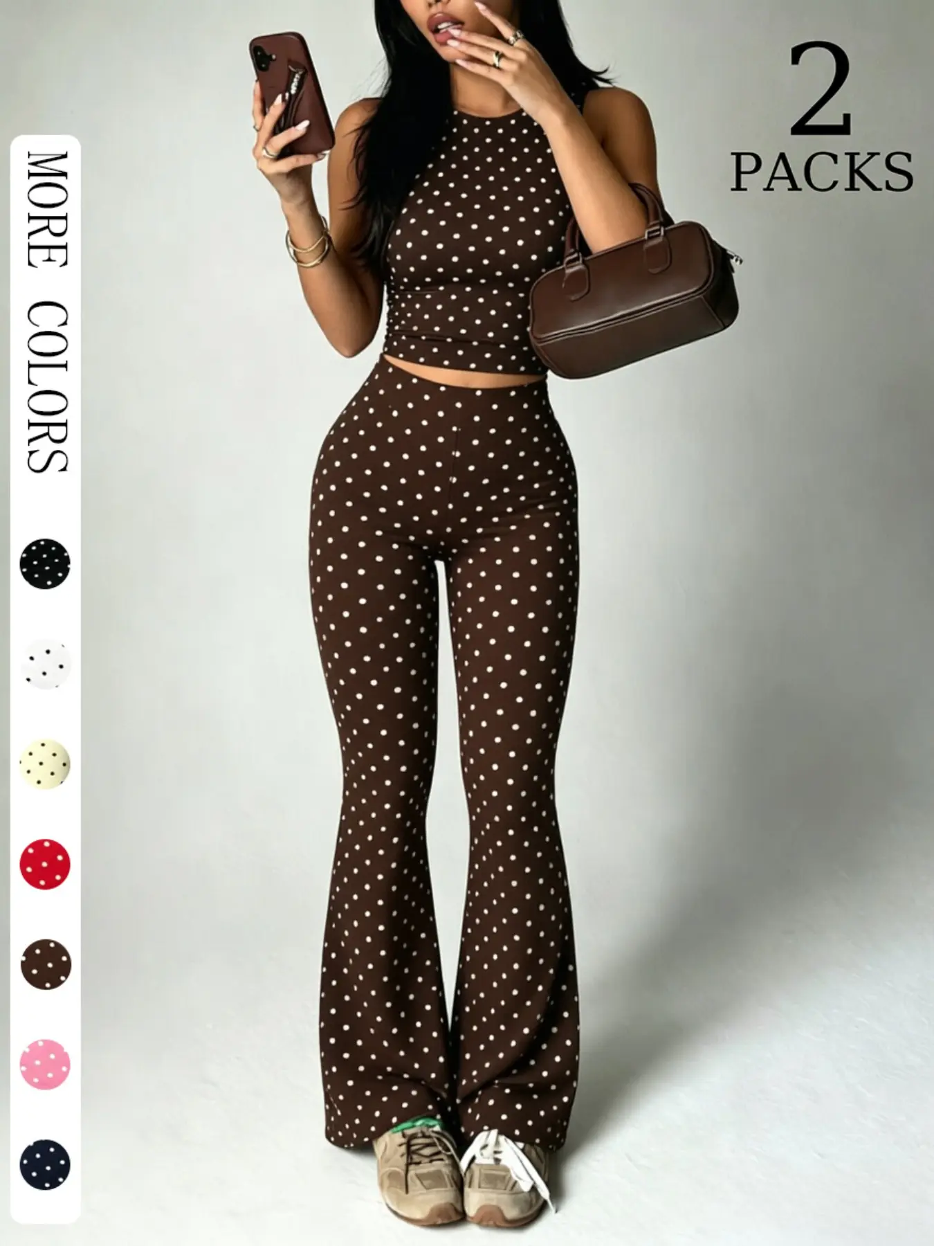 2 Pack Women Polka Dot 2 Piece Outfits, Sleeveless High Neck Crop Top and Flare Leggings Set, Seamless Bodycon Bell Bottom Pants, Trendy Summer Streetwear Outfits, Slim Fit Casual Loungewear for Daily Wear & Going Out