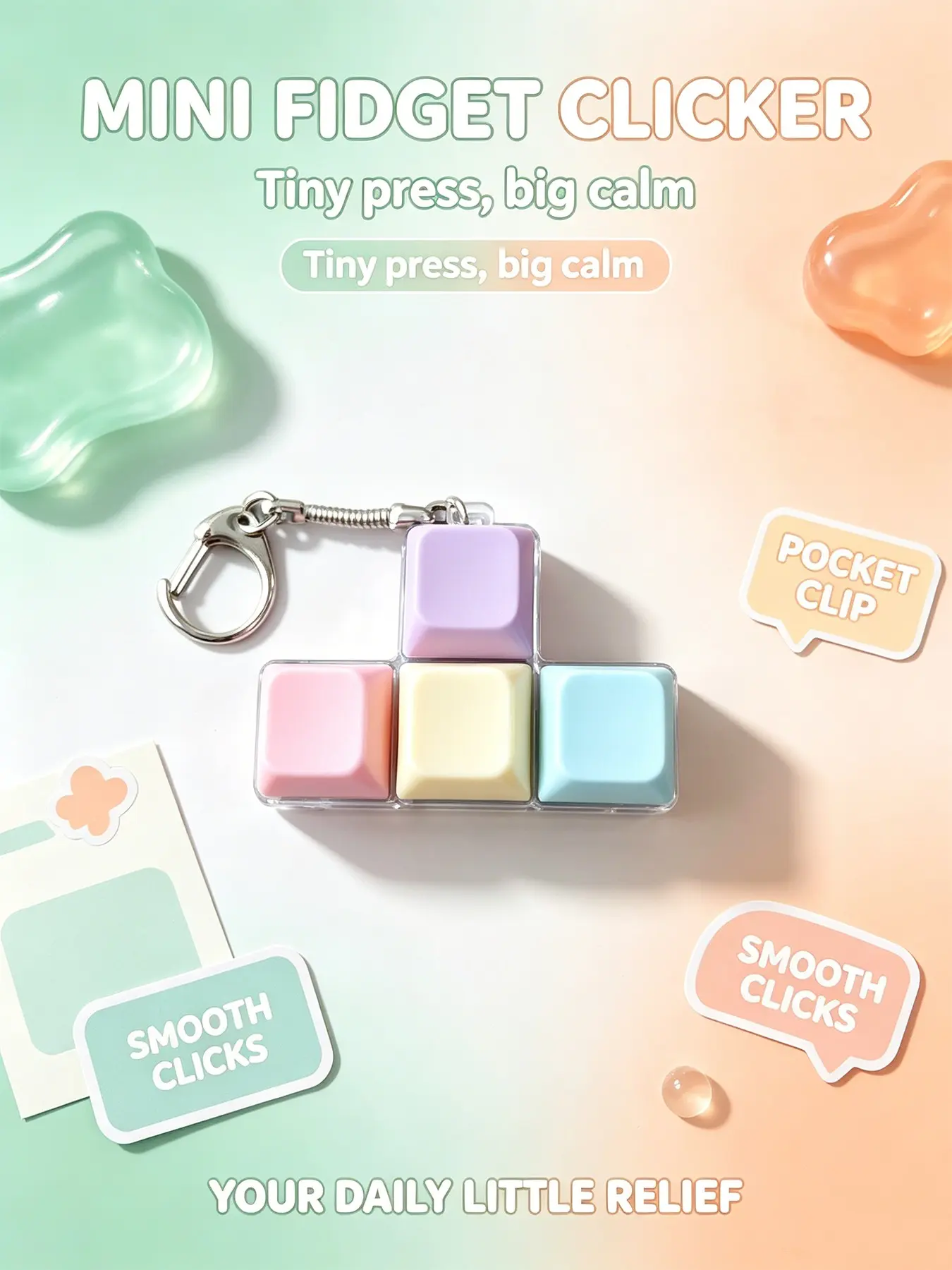 Cute Macaron Color 4 Keys Fidget Clicker Keychain Accessory Portable Mini Mechanical Keyboard Stress Relief Toy, Pocket Size Decompression Sensory Toy Bag Charm Pendant For Student Worker Anxiety Relief Gift
