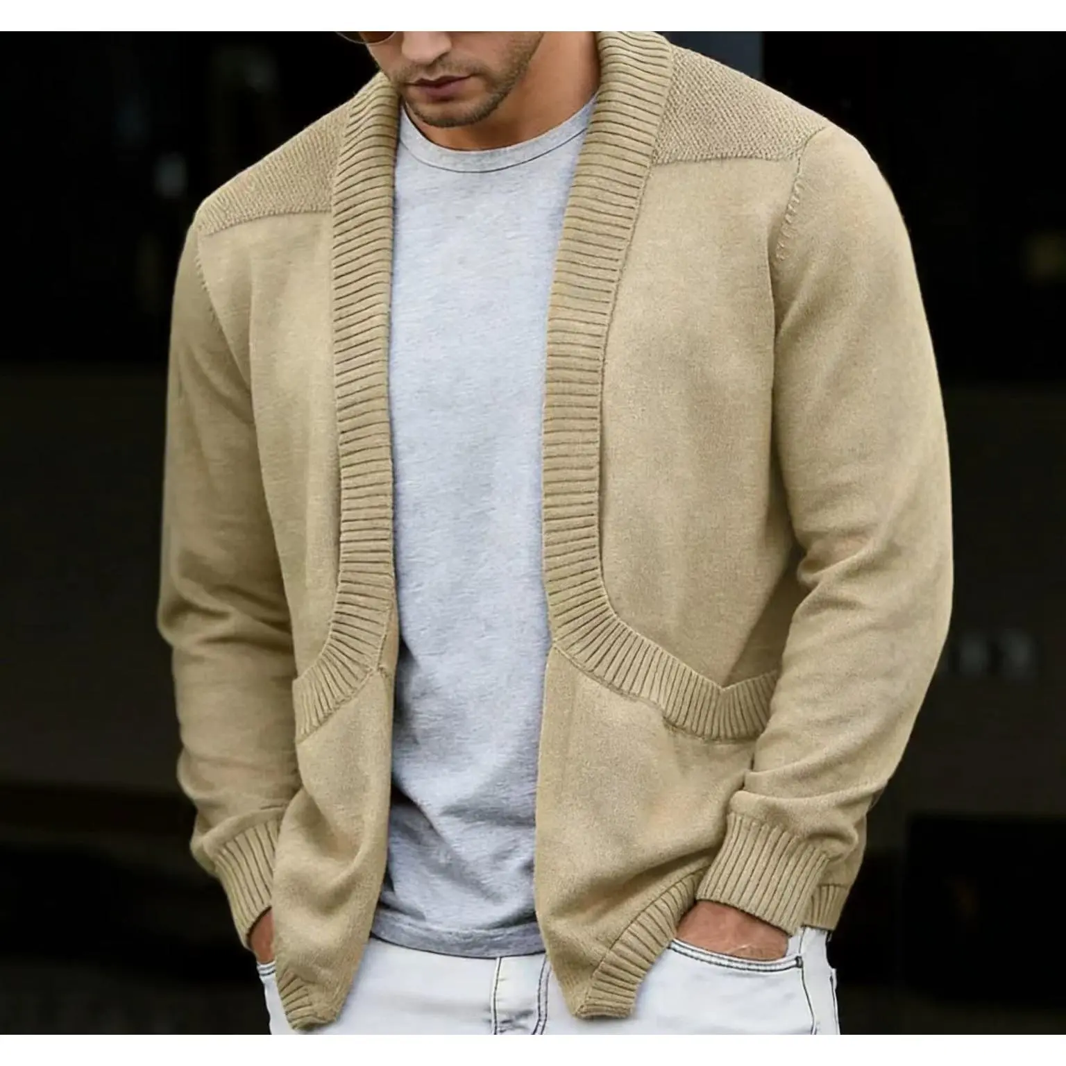 Men's Shawl Collar Cardigan Sweater, Solid Polyester Rib Knit Top with Pockets, Open Front Long Sleeve Loose Fit Casual Wear, Menswear, Tops, Male, American Ribbed, Full Sleeves