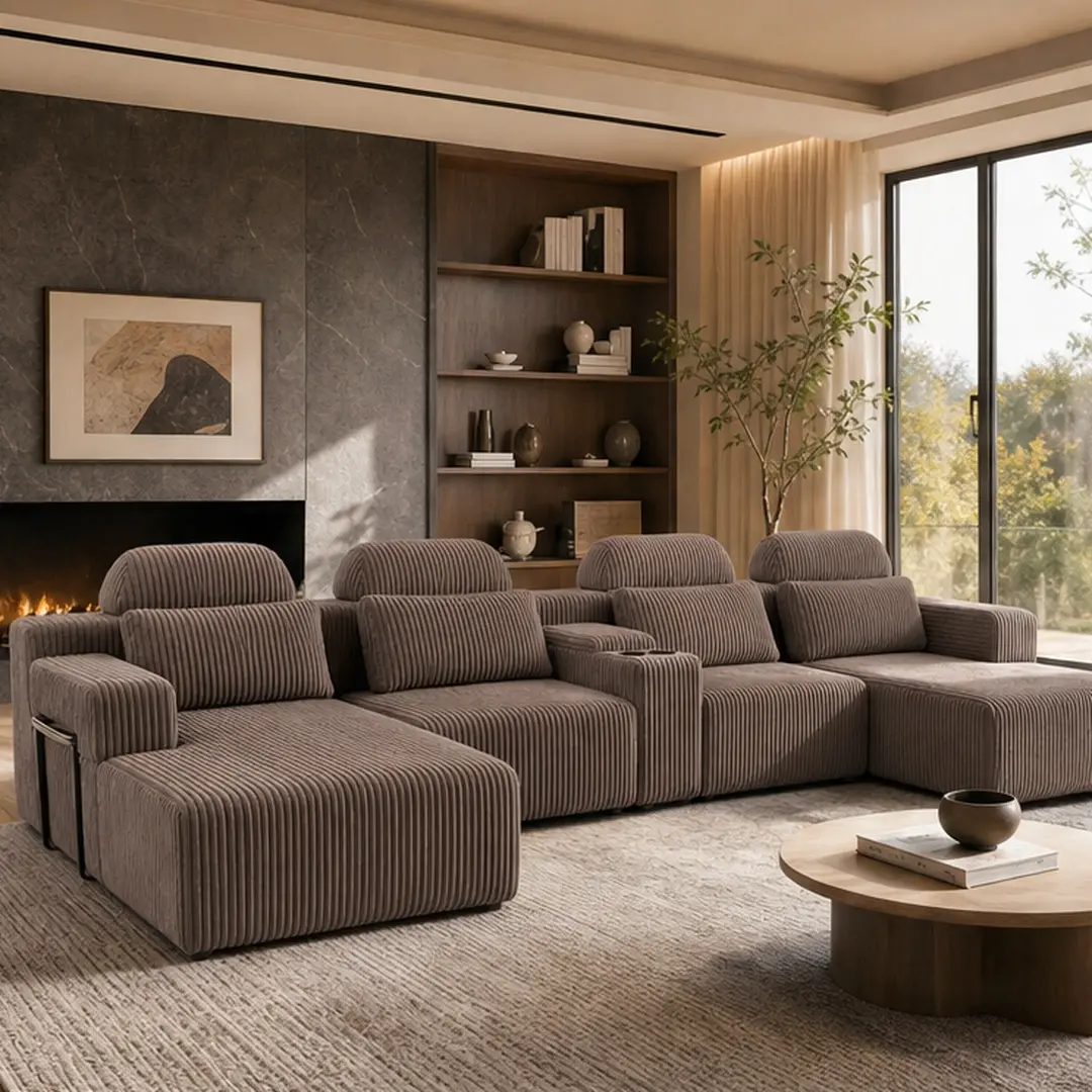 ARCH Modern Retro Striped Velvet Corduroy 6-Seater 4-Piece L-Shaped Sectional Sofa - 59.10"w x 145.70"d x 34.60"h, 172.00 lb, Chaise Lounge, Cup Holder Organizer, Storage, Foam Material, Comfy Couch for Smart Living Room Indoor Furniture, Sofa Sectional C