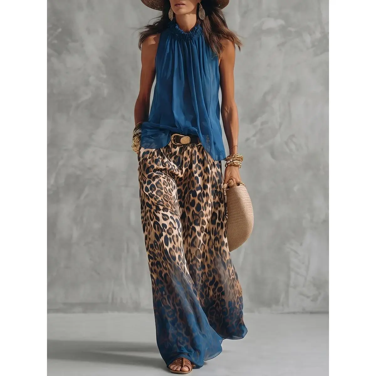 Boho Gradient Leopard Print Palazzo Pants For Women, High Waist Flowy Wide Leg Sheer Trousers, Loose Casual Long Bottoms, Summer Beach Vacation Elegant Holiday Travel Fashion Pants