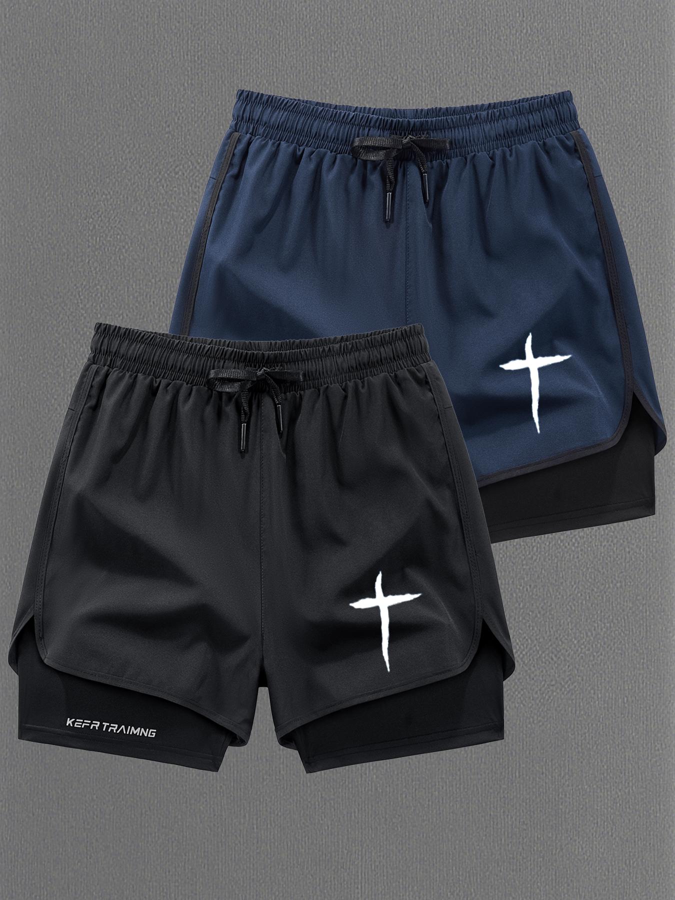 Men Women Regular Fit 2-In-1 Drawstring Waist Sport Shorts, Summer Pocket Print Casual Half Yoga Exercise Shorts, Fashionable Daily Wear