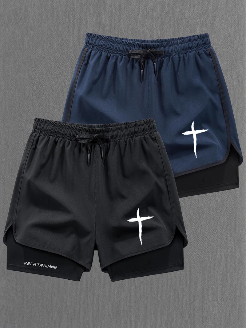 Men Women Regular Fit 2-In-1 Drawstring Waist Sport Shorts, Summer Pocket Print Casual Half Yoga Exercise Shorts, Fashionable Daily Wear