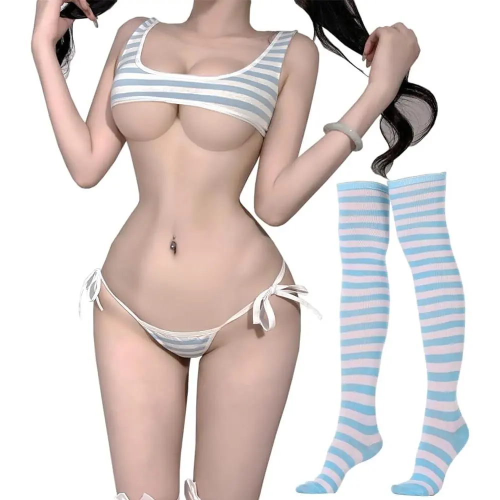 Women Kawaii Anime Onesie SexyCosplay Lingerie set Halter Strap Micro Bra Tiny Panty with Striped Stockings
