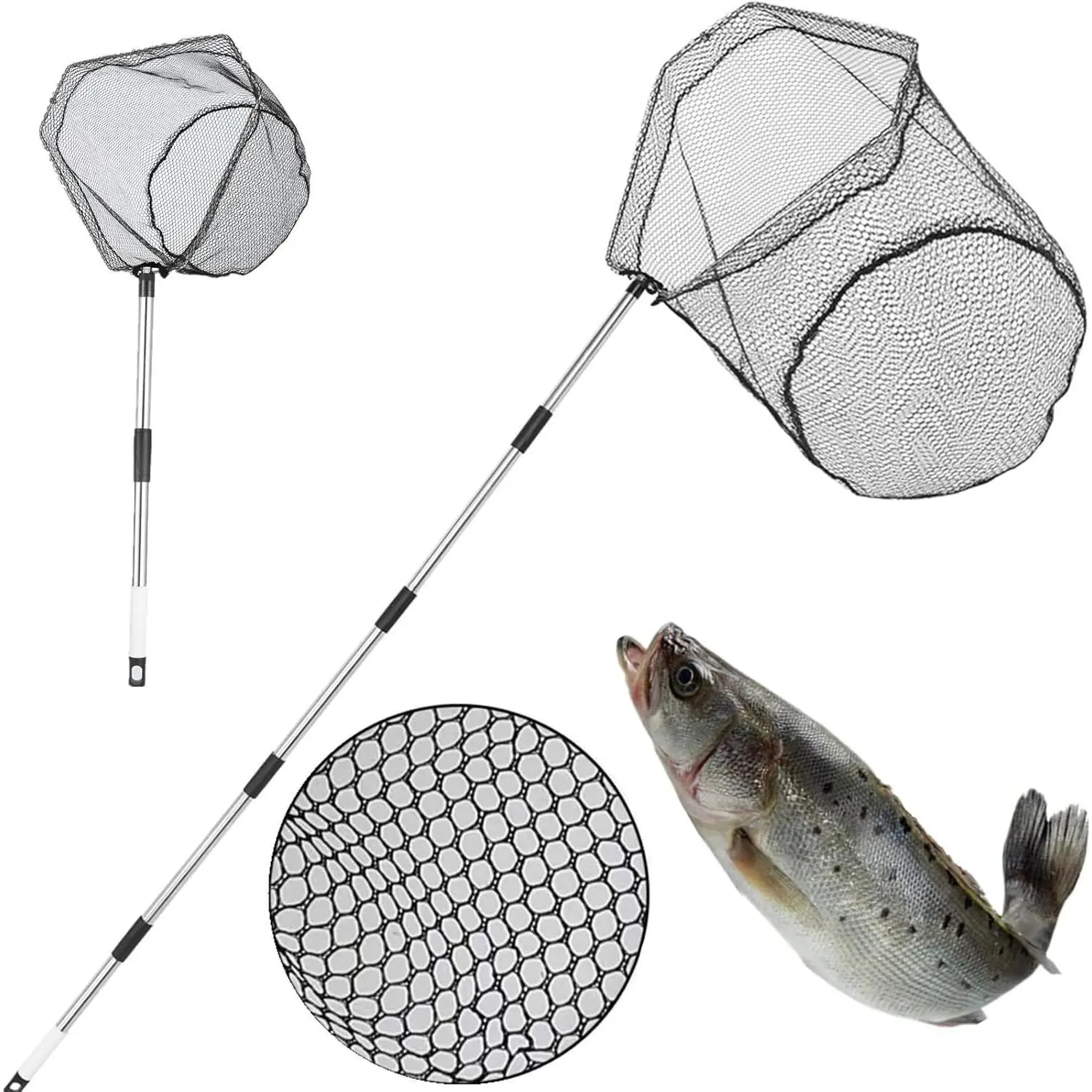 Fishing Net with Handle - 85-Inch Adjustable Extension Pole Fishing Net, Foldable Landing Net for Steelhead, Salmon, Fly, Kayak, Catfish, Bass, Trout Fishing, Essential Fishing Gear & Gifts for Men