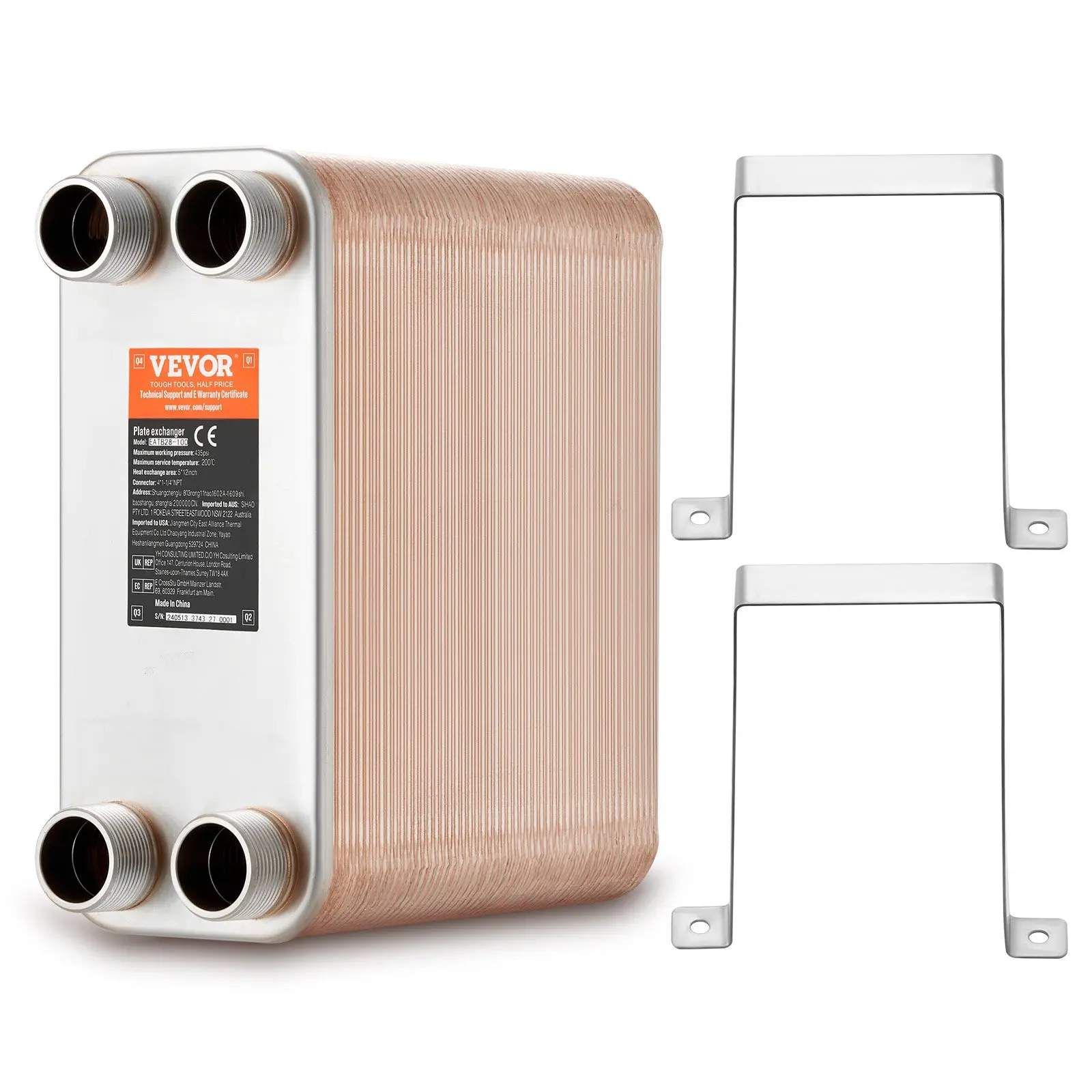 VEVOR Heat Exchanger, 5" x 12" 100 Plates Brazed Plate Heat Exchanger, Copper/316L Stainless Steel Water To Water Heat Exchanger For Floor Heating, Water Heating, Snow Melting, Beer Cooling