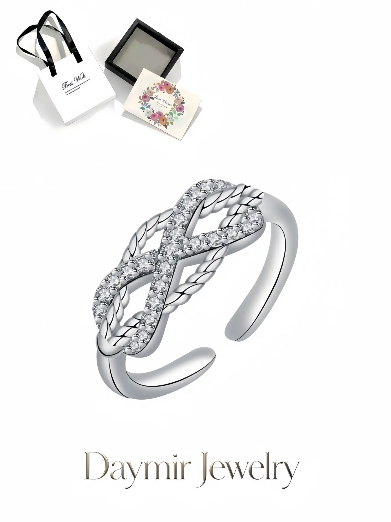 "Diamond Infinity Glow", romantic adjustable infinity diamond ring for women, packed in exquisite drawer jewelry box, ideal gifts for birthdays, Mother’s Day, Valentine’s Day, Christmas and anniversaries.