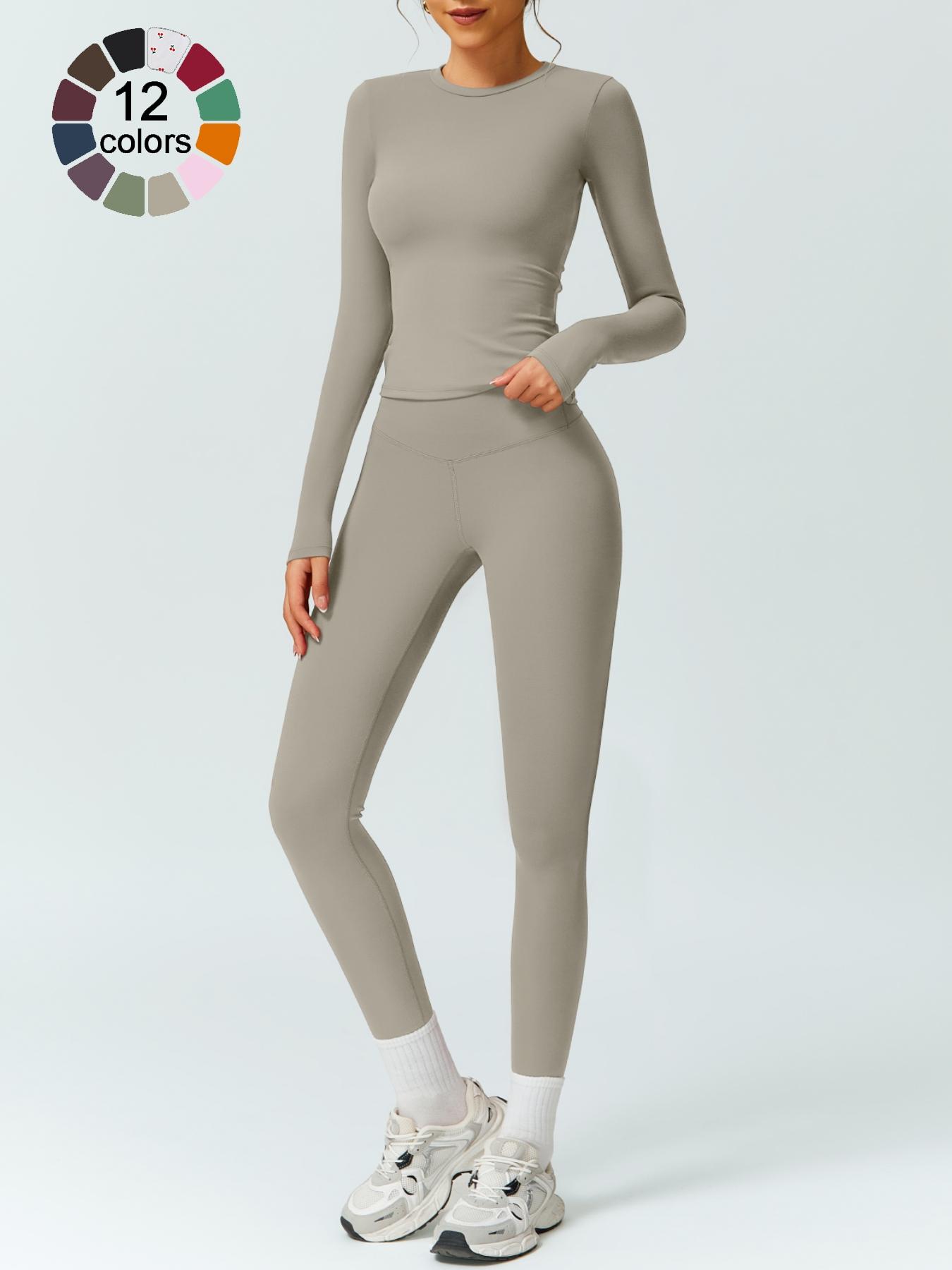 Women's Solid Color Long Sleeve Tee & High Waist Leggings Tracksuit Set, Athletic Activewear Tracksuits, Sporty Comfy Breathable Outfits for Gym Workout Running, Ladies Fall & Winter Sportswear