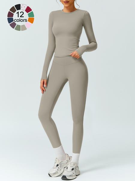 Women's Solid Color Long Sleeve Tee & High Waist Leggings Tracksuit Set, Athletic Activewear Tracksuits, Sporty Comfy Breathable Outfits for Gym Workout Running, Ladies Fall & Winter Sportswear