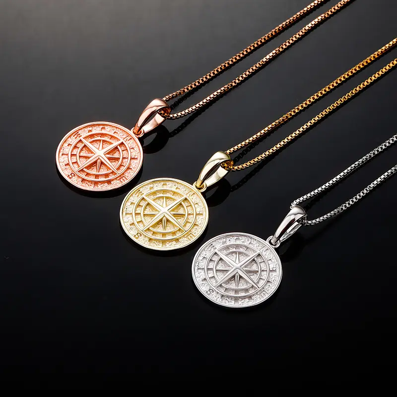 Unisex 925 Silver Compass Necklace Hip Hop Jewelry Trendy Pendant for Men Women Fashion Accessories