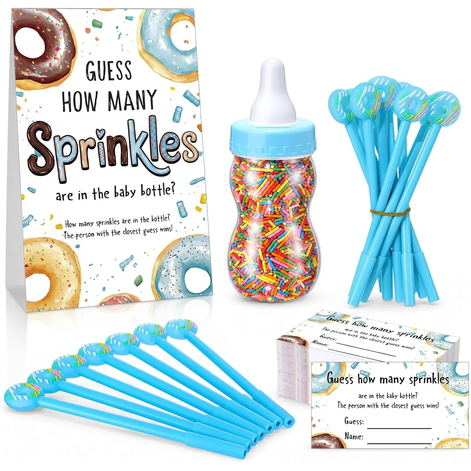 112 count  Shower  Set Guess How Many Sprinkles Donut Theme with 100 Guess Cards 10 Pens 25 oz Milk Bottle and Sign for Guest   Shower Party Decorations(Blue)