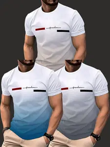3-Pack Men's 3D Short Sleeve T-Shirts, Fashion Casual Round Neck Top, Geometric Pattern, Fitted, All Seasons, Unlined