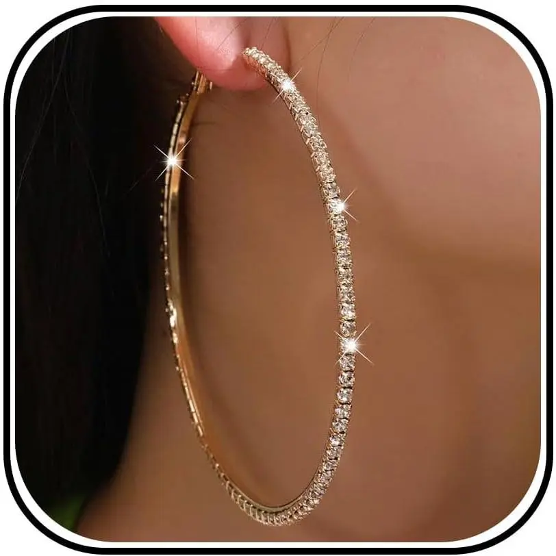 80mm Large Rhinestone Hoop Earrings for Women Sparkly Big Hoop Jewelry| large hoop earrings with sparkly crystals Ideal for wedding bridal attire prom night outfits and weekend party