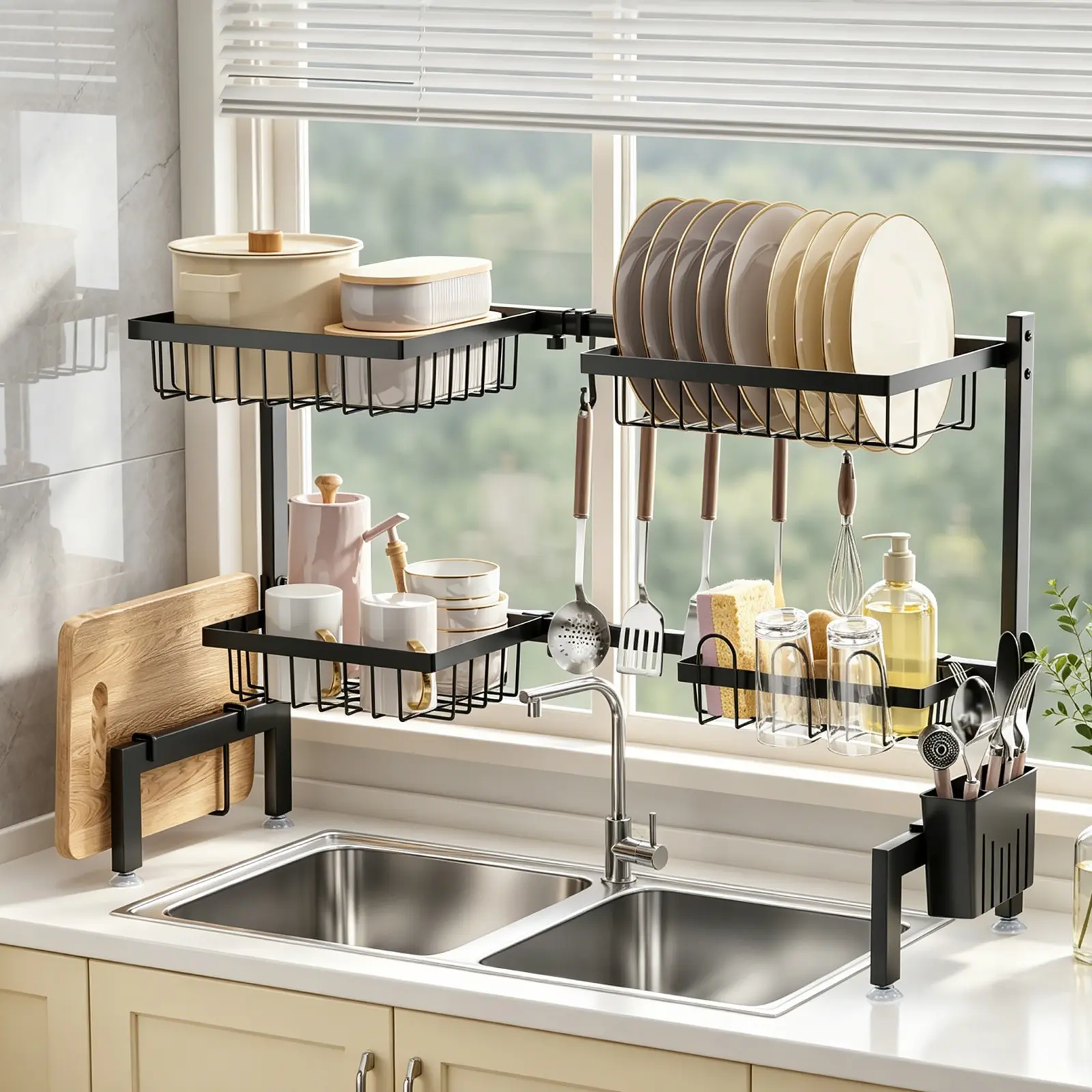 1pc, 2 tier, Adjustable Dish Rack, Storage rack above the kitchen sink, removable, With a hook, With suction cups, Kitchen countertop storage basket, Stable, Ideal for storing cups, pots and pans, forks and chopsticks, cutting boards, kitchen utensils