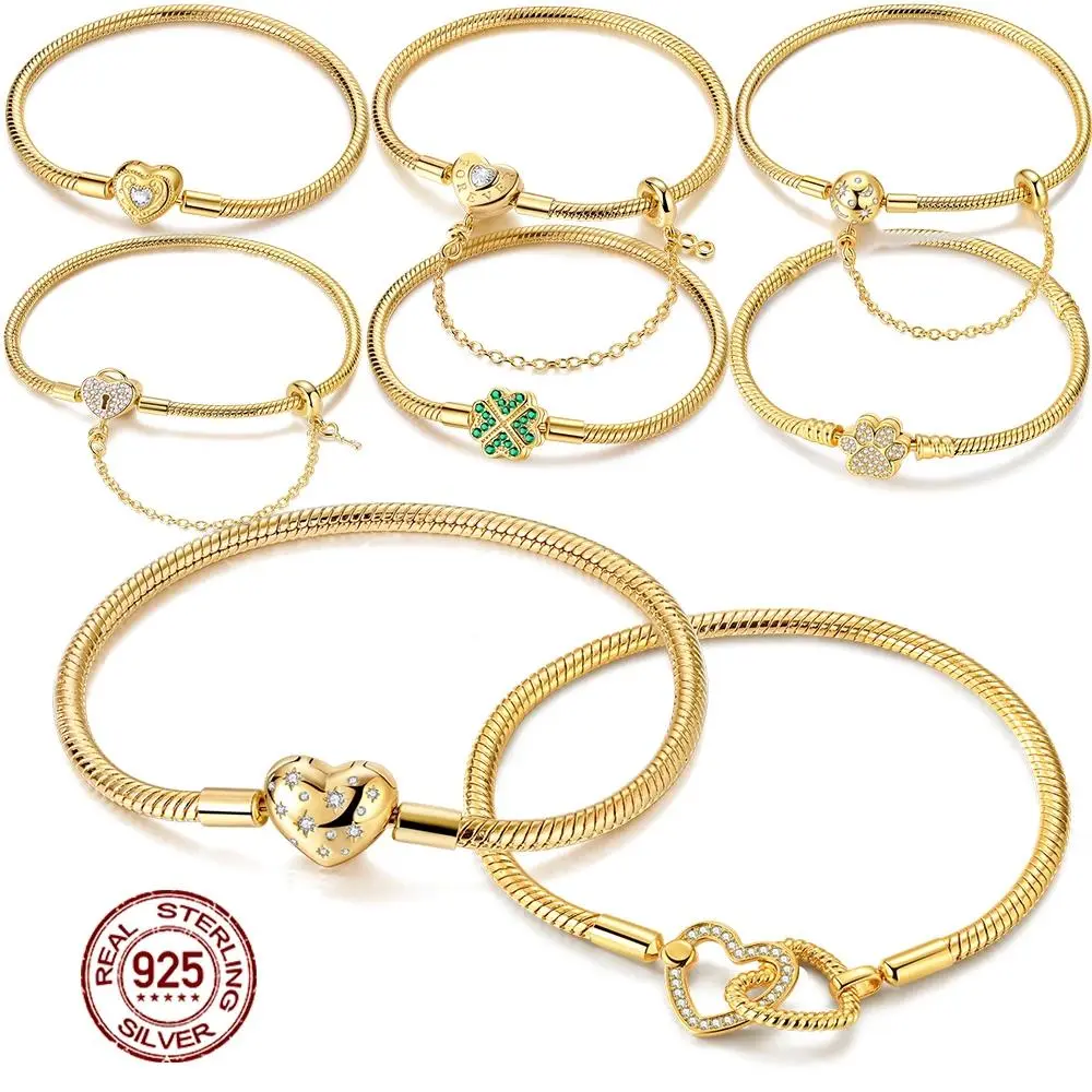 Original Bracelet 925 Sterling Silver Charm Bracelet 17-20CM Golden Heart Love Key Clover Bracelet Bangle Women Jewelry Gift