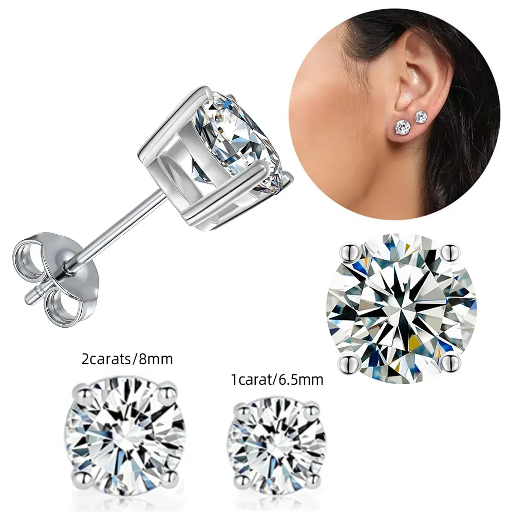 Unisex 925 Real Silver Layer 4-Prong Ear Studs - Hypoallergenic Lab Created Moissanite & Cubic Zirconia Earrings, Daily Fashion Costume Jewelry for Parties, Ideal Couple Gifts for Adults