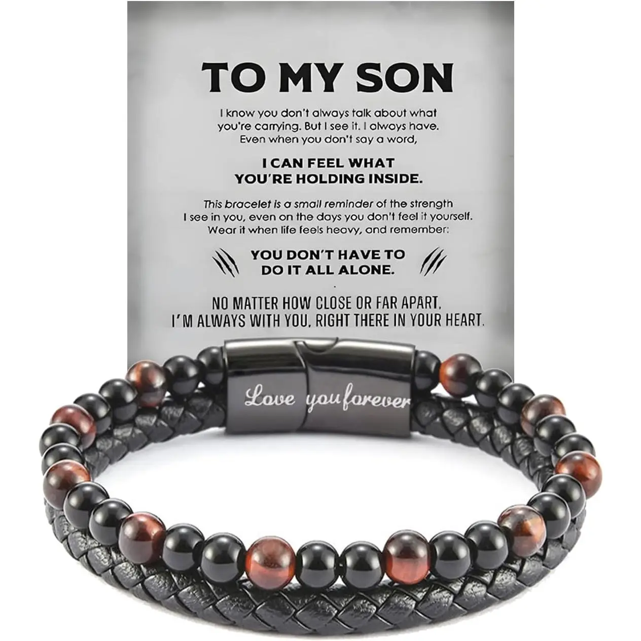 The Guardian - Son's Tiger Eye Protection Bracelets For Men, Leather Black Beaded Bangle Engarved With Love You Forever Cuff   for Birthday Christmas