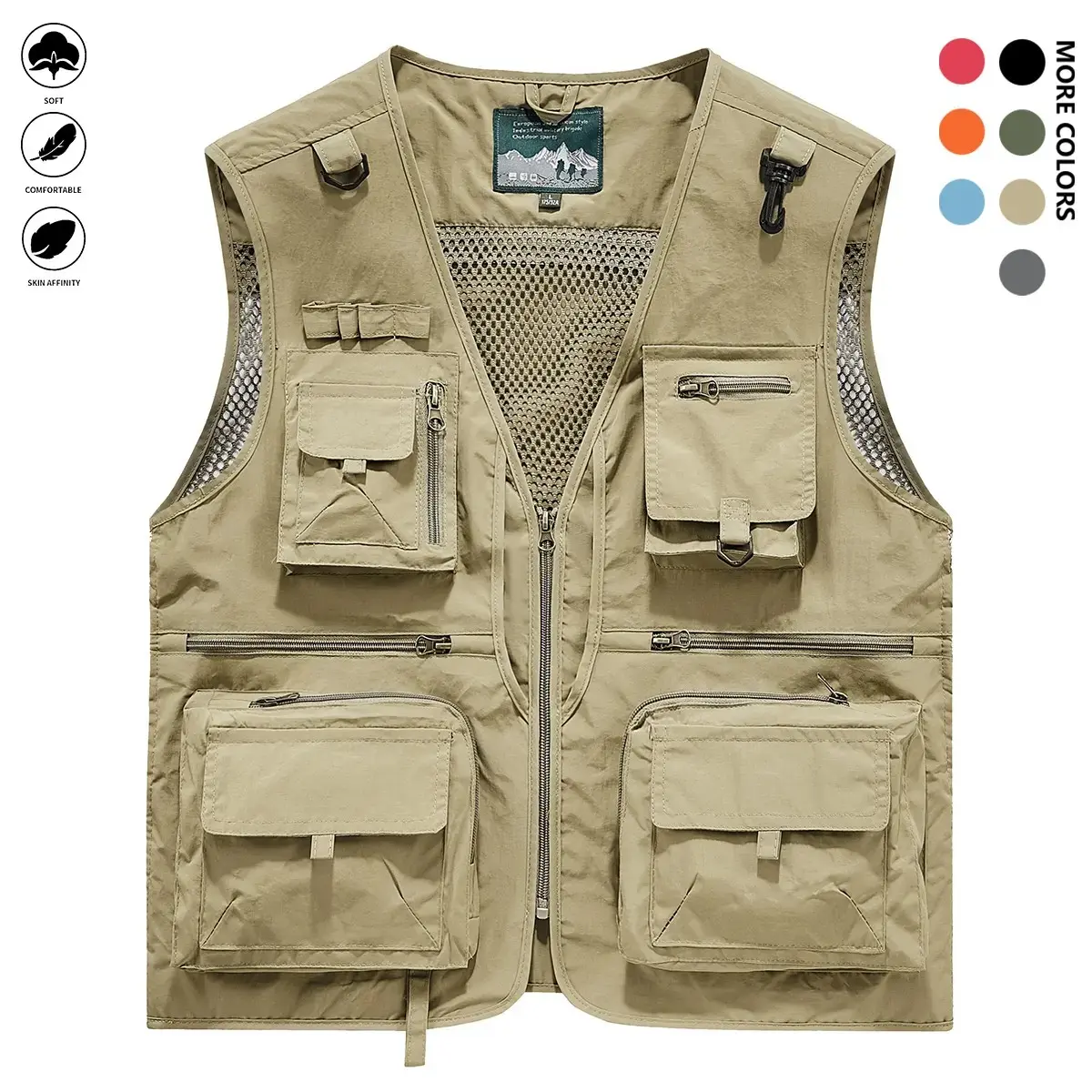 Men's Solid Color Lightweight All-Season Deep Cargo Vest Jacket with Multi-Pocket Outdoor Workwear for Fishing, Safari, Travel & Zippered Door Panels - Machine Washable (Vest & Jacket can be worn separately or together) Gilet Beige