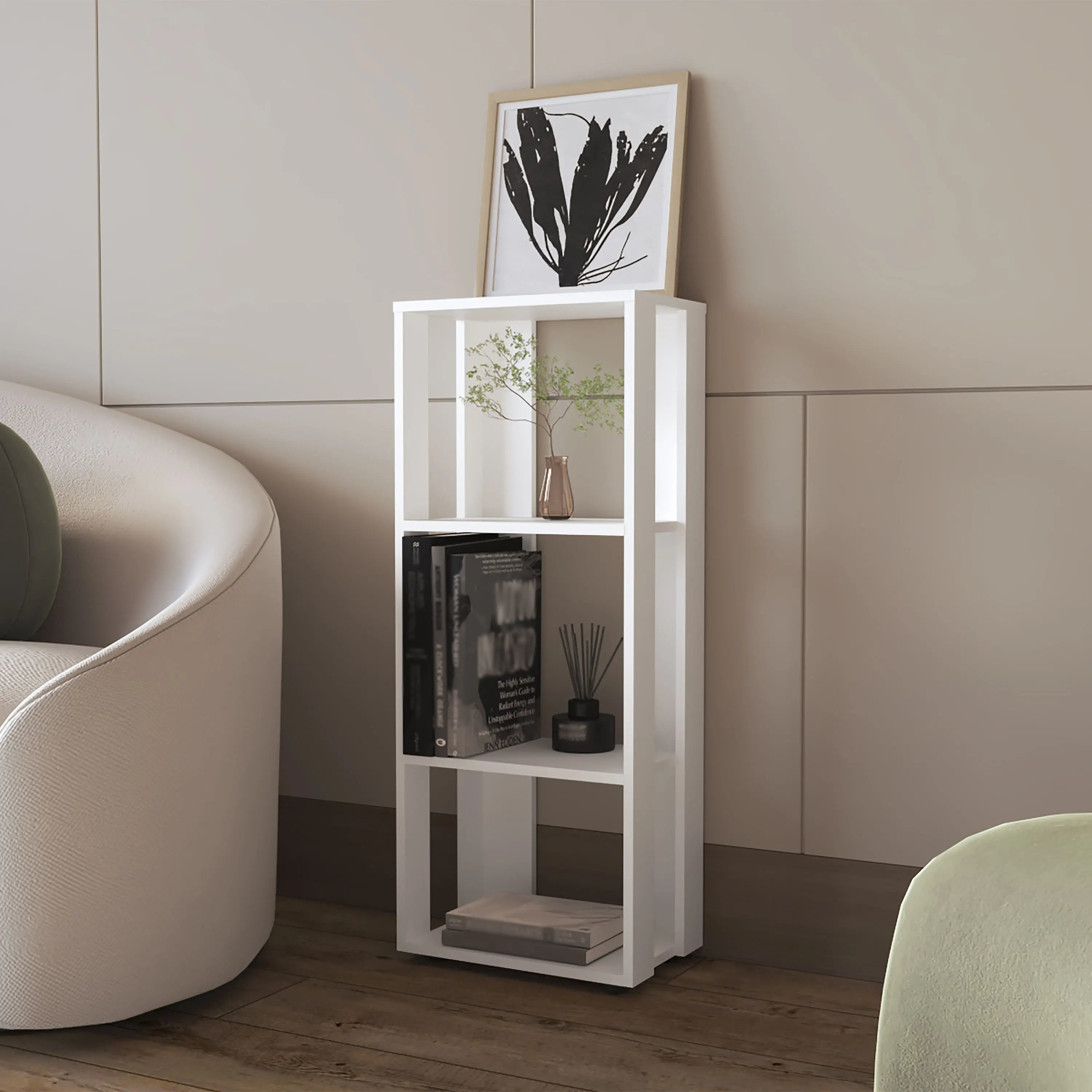 Nokaa Modern White Bookcase with 3 Open Shelves, Tall Narrow Storage for Living Room, Home Office, Compact Vertical Bookshelf, Scratch-Resistant Melamine Particle Board, 15.7W x 9.9D x 39.4H in, Assembly Required