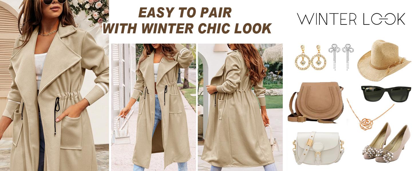 FMEYOA Women Coat Pocket Casual Drawstring Waist Open Front Classic Lapel Overcoat M7P162