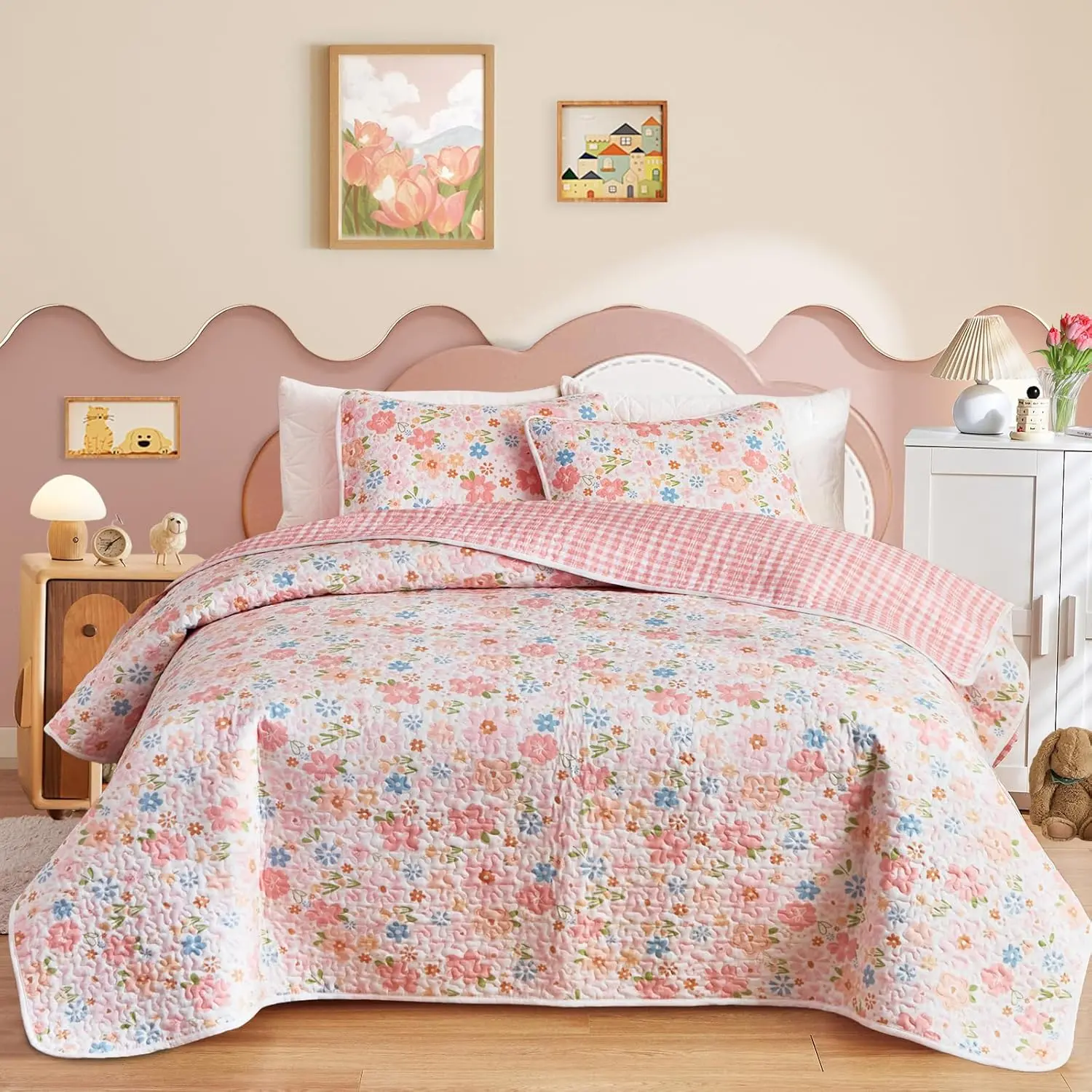 3 Pieces Cotton Quilt Set for Girls Full/Queen Size Pink Floral Design Cozy Lightweight All Season Quilt Bedspread Cover Includes 1 Quilt and 2 Pillow Shams 90x90 inches