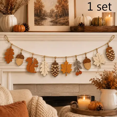 1-Set Wooden Hanging Garland DIY Kit, Fall Maple Leaf Squirrel Acorn Pinecone Wall Banner, Rustic Farmhouse Harvest Decor for Fireplace Mantel, Christmas, Thanksgiving & Holiday Party Backdrop