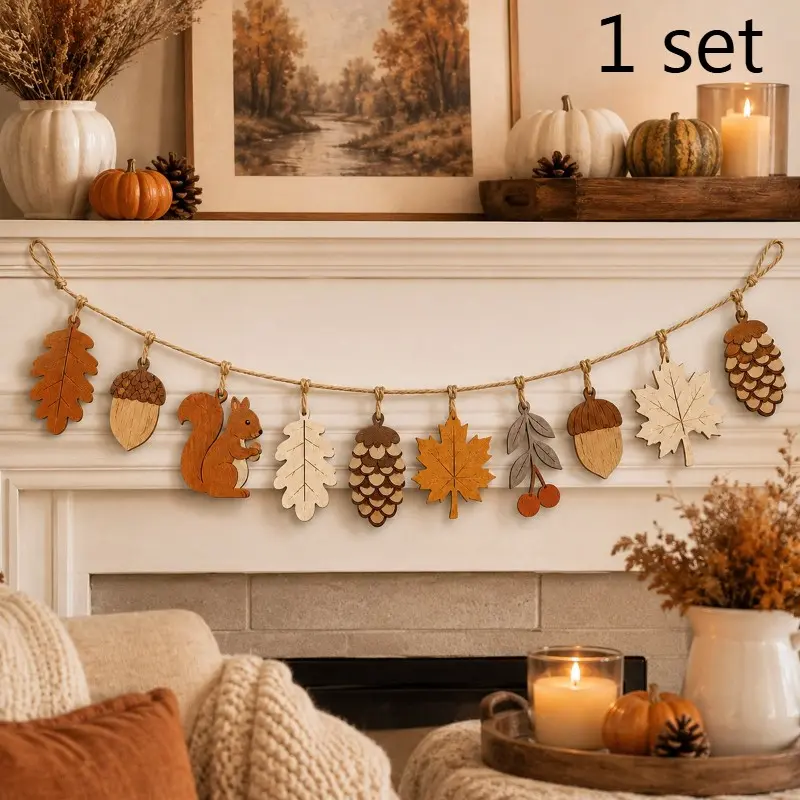 1-Set Wooden Hanging Garland DIY Kit, Fall Maple Leaf Squirrel Acorn Pinecone Wall Banner, Rustic Farmhouse Harvest Decor for Fireplace Mantel, Christmas, Thanksgiving & Holiday Party Backdrop