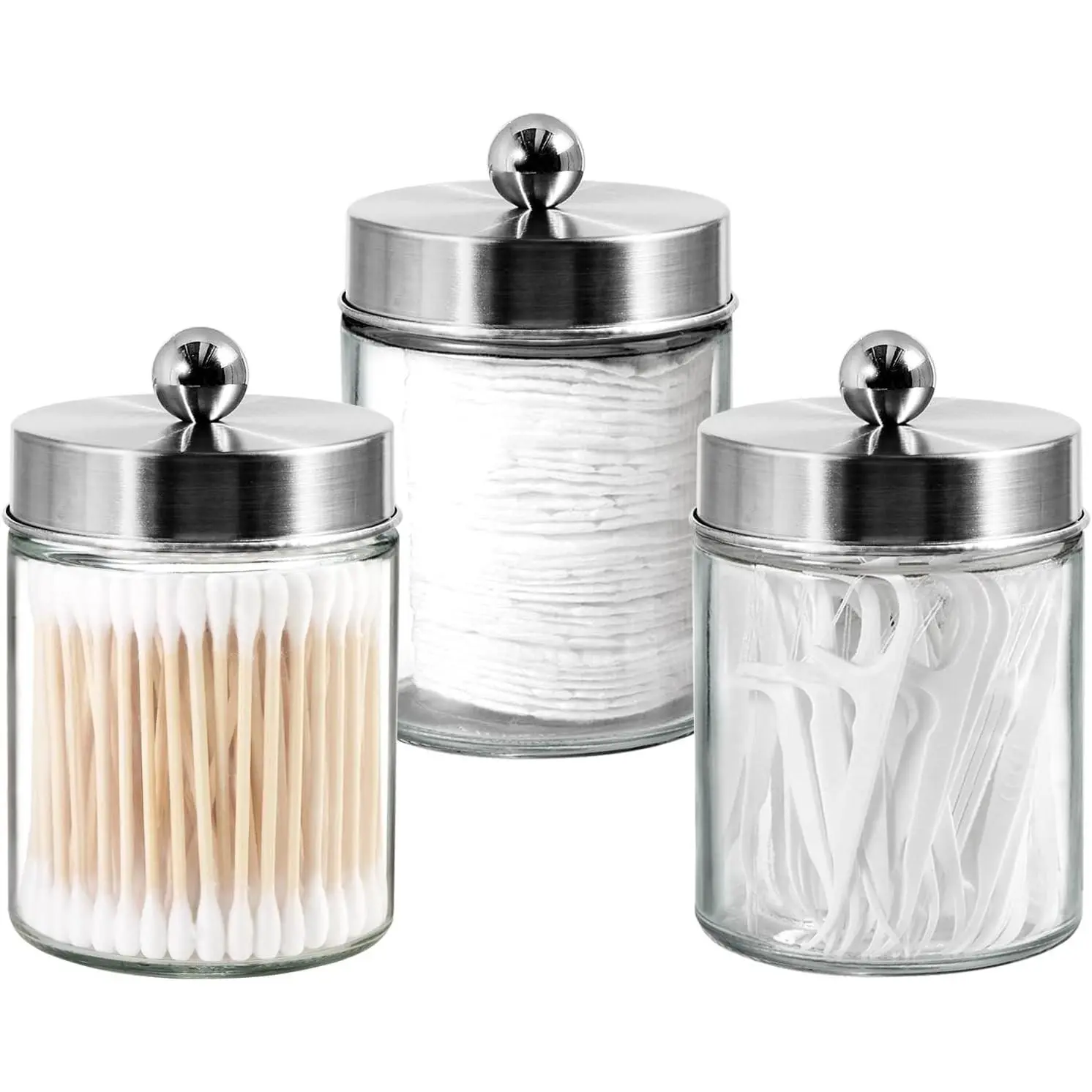 3PC Apothecary Jar Canisters Bathroom Vanity Organizer (Brushed Nickel) Qtip Holder Storage Countertop & Stainless Steel Lid & Cute Stickers for Cotton Swabs, Makeup Sponges