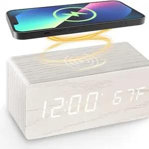 Digital Alarm Clock with 15W Wireless Charger, LED Bedside Desk Clock with Time Date Temperature Display, 12 or 24 h Format Dimmable Brightness Auto Night Mode, 3 Alarms Snooze Function for Bedroom Home Office Desk Decor, Decorative Clock