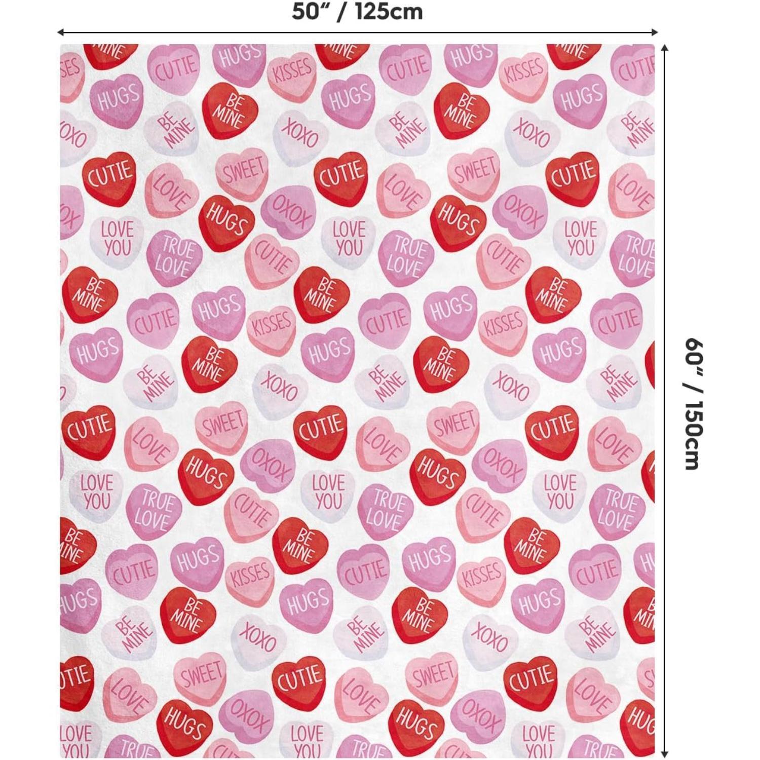 Valentine Flannel Blanket Throw, Pink Hearts with Words Soft Fuzzy Plush Cozy Fleece Blankets for Couch Sofa Bed Lounging, Ideal Gifts for Kids Adults Wife Self, 50x60