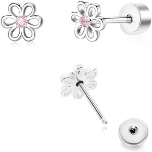 Toddler Earrings for Girls Push-in Titanium Hypoallergenic Threadless Flat Back Earrings for Women Sensitive Ears Cartilage Cute Small Pearl Star Flower Heart Pink Cubic Zirconia Studs.