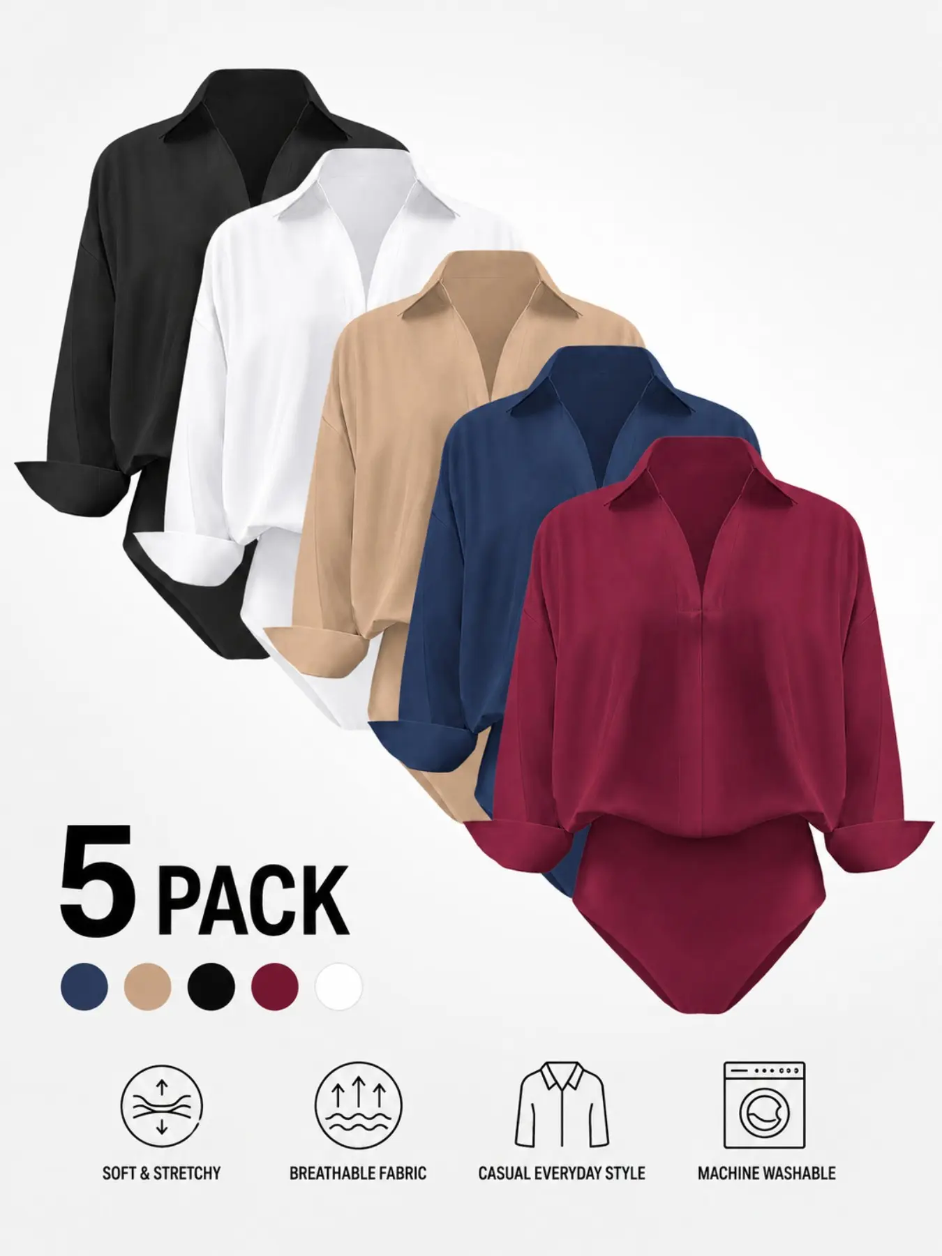 5 Pack Women's Collared V Neck Long Sleeve Bodysuits, Soft Stretchy Business Casual Bodysuit for Work, Office & Everyday Wear