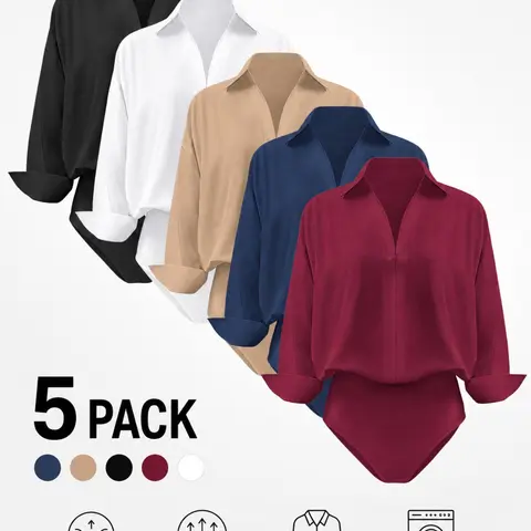 5 Pack Women's Collared V Neck Long Sleeve Bodysuits, Soft Stretchy Fabric Business Casual Bodysuit for Work, Office & Everyday Wear