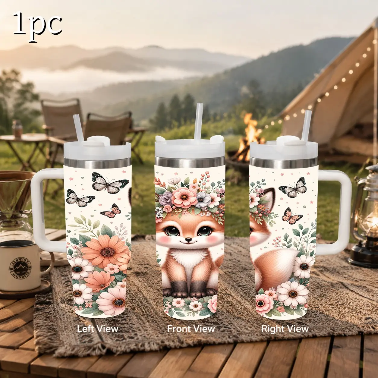 1pc 20/40oz Kawaii Forest Fox Daisy Butterfly Floral Print Stainless Steel Insulated cup, 2 different capacities are available, Large-capacity vehicle-mounted Leakproof Mug, ,Travel,Outdoor, Summer & Winter,Gift for Mom,Couple,Friend