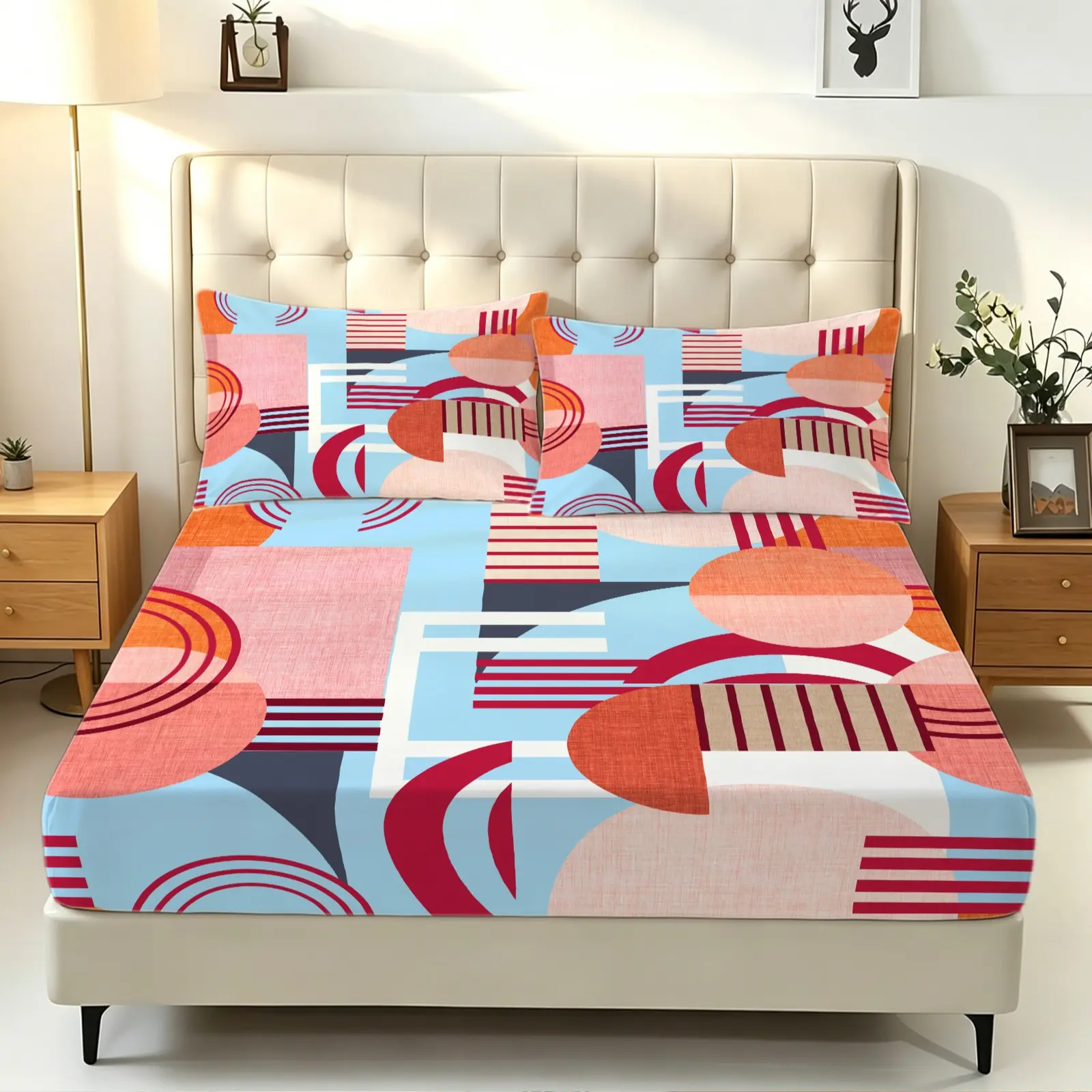 3pcs Abstract Geometric Digital Print Fitted Sheet Set, Wrinkle Resistant Bed Sheet Bedding Set with 2 Pillowcases No Fillers, Stretch Deep Pocket Decor Bed Linen, Modern Art Pattern for Teen Adult Bedroom Apartment Guest Room All Season Home Decor