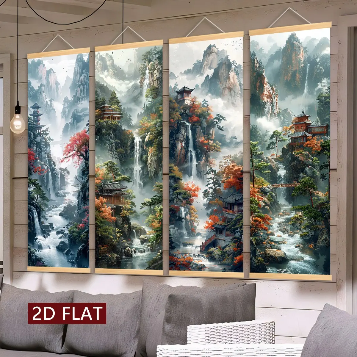 4 count wooden flag hanging, ink landscape Zen hanging poster, modern art canvas wall art, waterproof canvas material, suitable for living room, bedroom, office, corridor wall, atmosphere wall hanging, home decoration