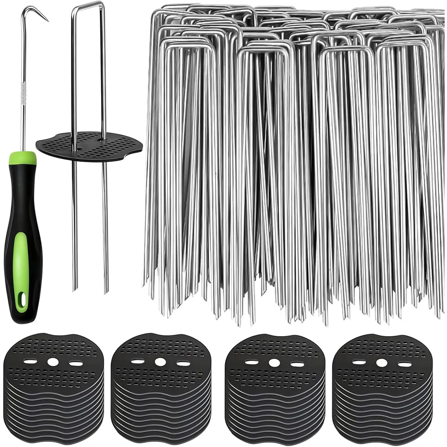 201pcs Reusable Stakes + Washer Kit, 6-Inch 11-Gauge Anti-Corrosion Galvanized Landscape Stakes (100pcs), Gaskets (100pcs), Pick Hook (1pc) for Weed Barrier, Ground Cover, Fence Fixing